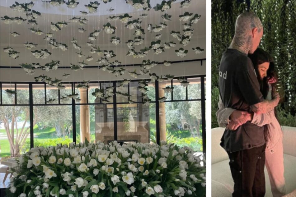 Kourtney showed off the huge flower display that boyfriend Travis Barker gifted her for her birthday (l.). Travis shared a new photo of the couple in his Instagram birthday tribute (r.)