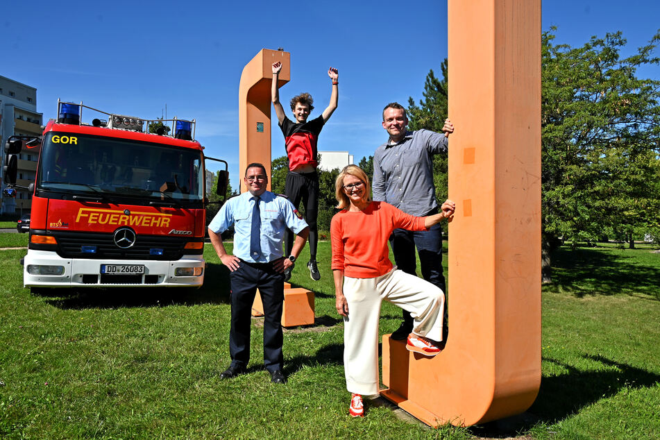 Gemeinsam für den Westhanglauf: Marcel Pahler (45, Feuerwehr, v.l.), Tilman Reichel (19, DSC-Sportler), Antje Neelmeijer (EWG) und Stefan Schubert (38, Stadtteilentwicklung).