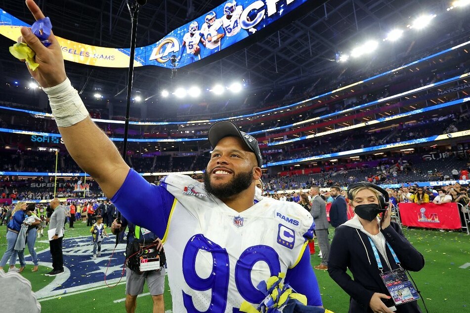 Aaron Donald of the Los Angeles Rams celebrating his Super Bowl win earlier this year.