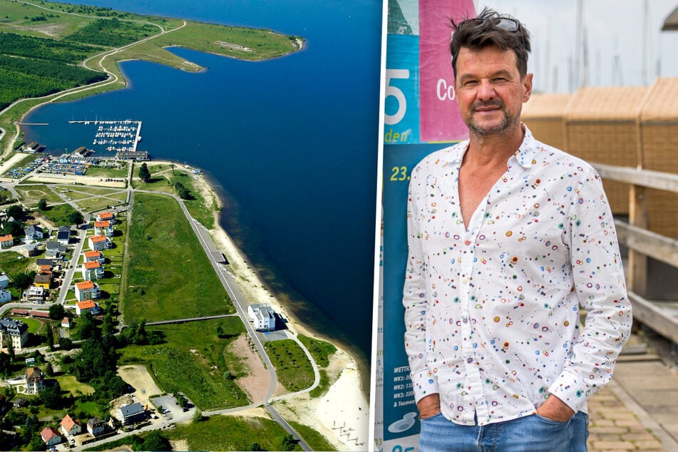 Der Cospudener See mit der Marina aus der Möwen-Perspektive - vor 25 Jahren wurde er als EXPO-Projekt fertiggestellt. Christian Conrad (54), Chef der LeipzigSeen GmbH, zeichnet seither für die Entwicklung der Infrastruktur verantwortlich.