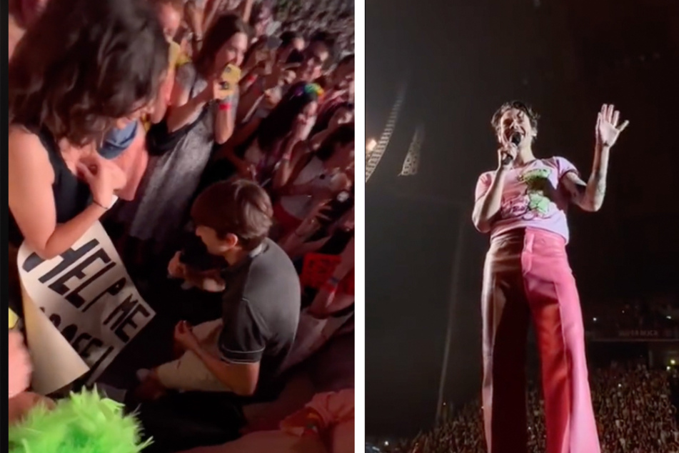 Harry Styles handed over his mic to a front-row fan who proposed to his girlfriend moments later.