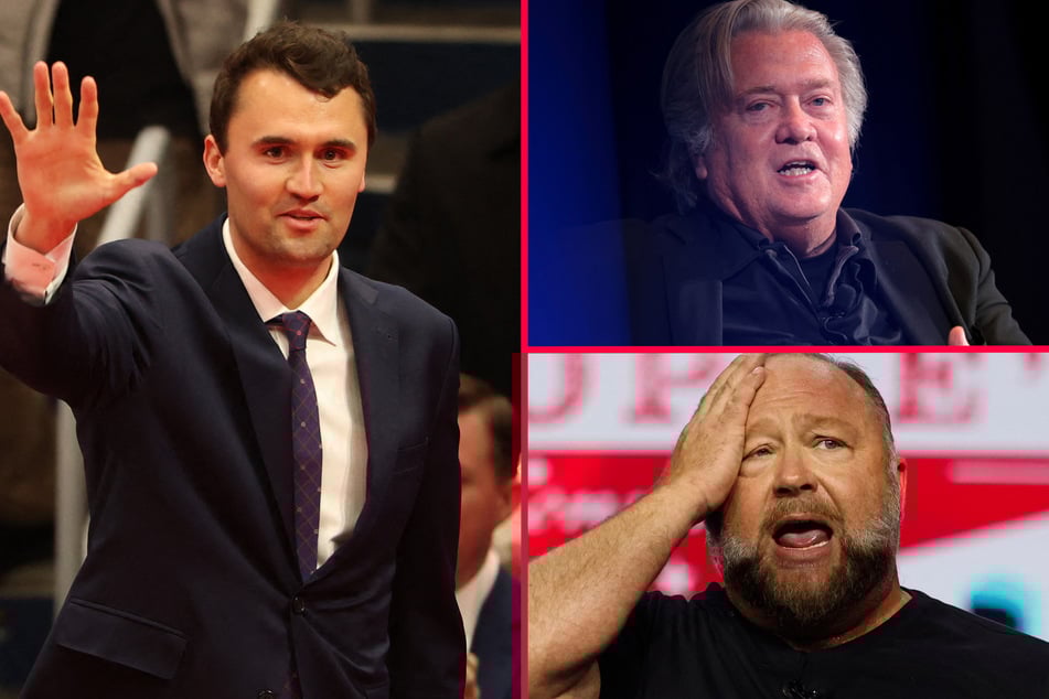 High-profile MAGA figures such as Steve Bannon (top r.) and Alex Jones (bottom r.) have responded to Charlie Kirk's assassination by declaring "war."