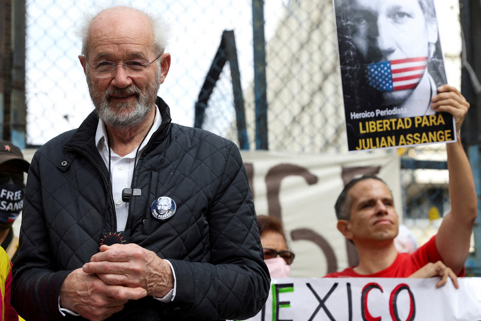 Julian Assange's father, John Shipton, attends a protest in support of his son outside the British Embassy in Mexico City.