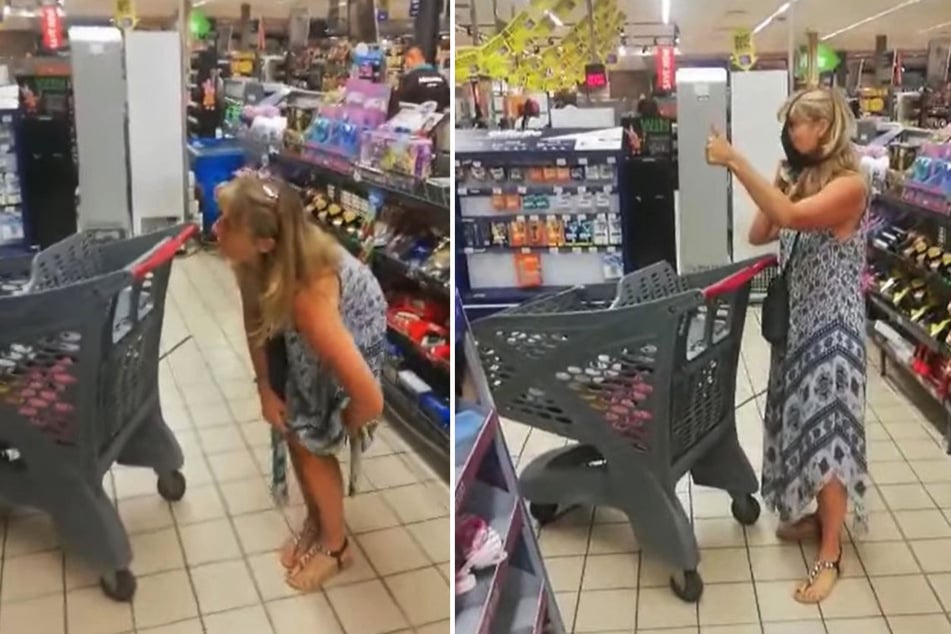 Um die Angestellten des Supermarkts zufrieden zu stellen, zog sich diese Frau eine ganz besondere Gesichtsmaske auf.