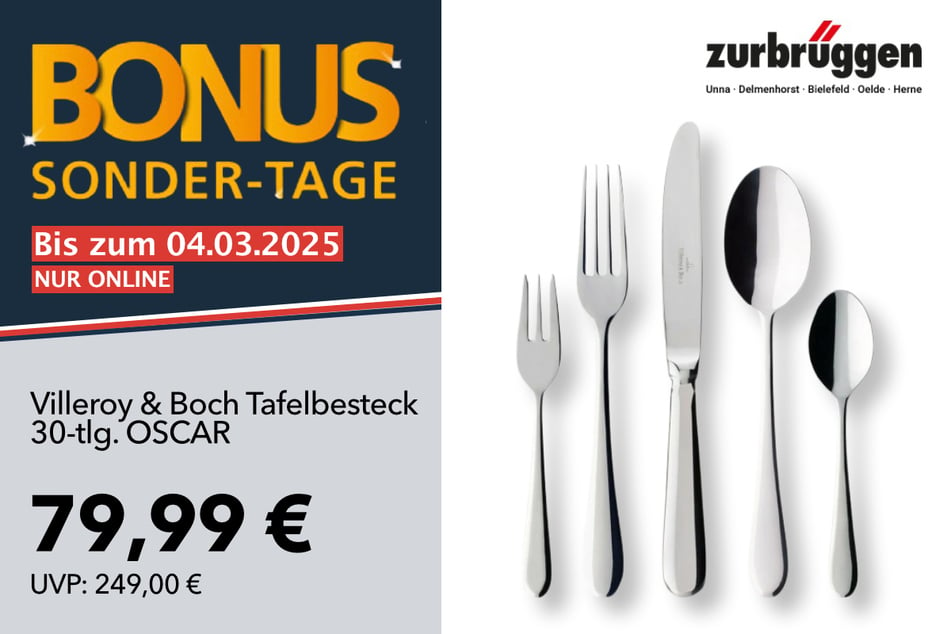 Das Villeroy & Boch Tafelbesteck 30-tlg.
für 79,99 statt 249 Euro.