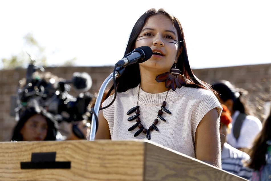Helena Gualinga speaks onstage during the Fridays For Future NYC climate strike on September 23, 2022.