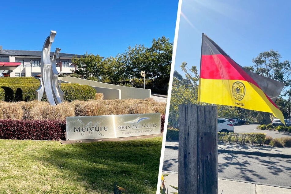 Die DFB-Frauen beziehen in einem Mercure-Hotel Quartier, dort haben Fans schon eine Fahne aufgehängt.