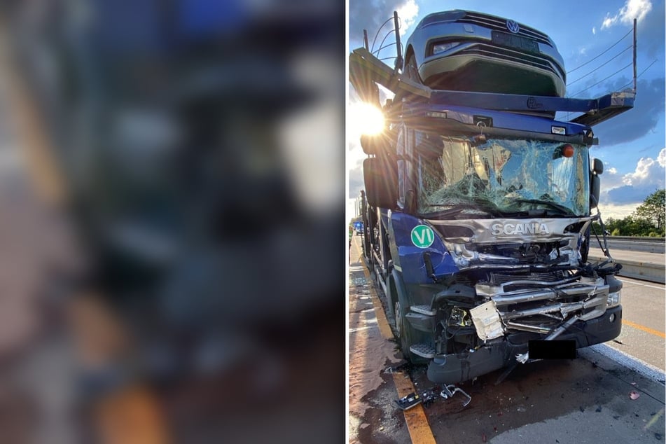 Unfall A2: Autotransporter rast in Stauende: Fahrer muss aus Unfallwrack befreit werden
