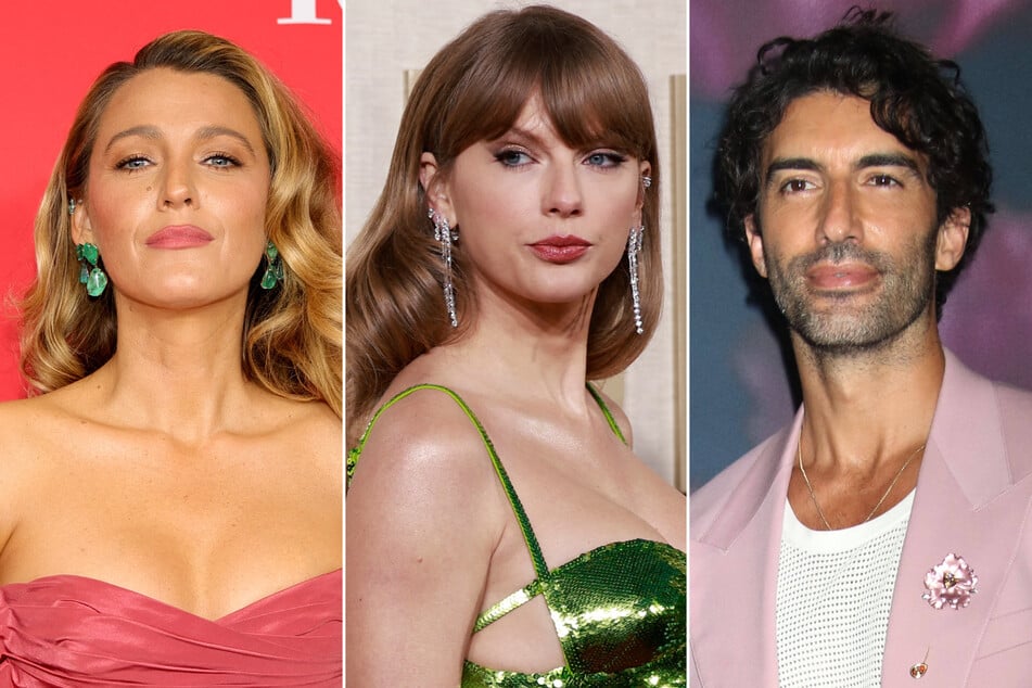 Taylor Swift (c.) was named in the latest shocking claims amid the ongoing legal war between Blake Lively (l.) and Justin Baldoni.