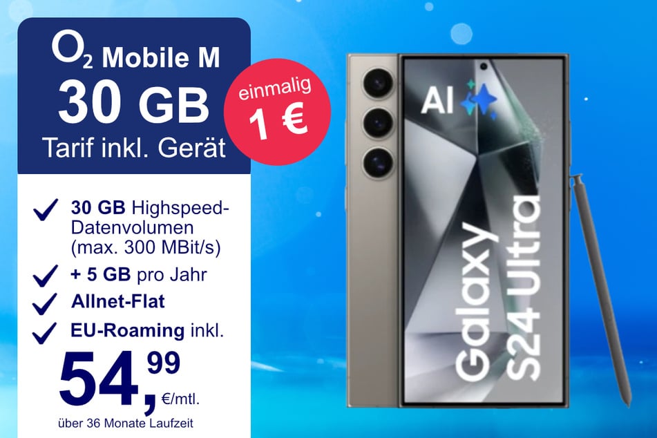 Das Samsung Galaxy S24 Ultra im o2 Mobile M für einmalig 1 Euro.