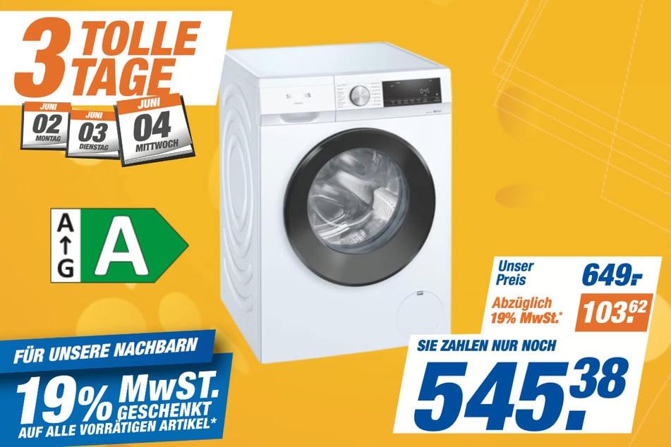 Siemens-Waschmaschine WG44G000EX iQ300 für 545,38 statt 649 Euro.