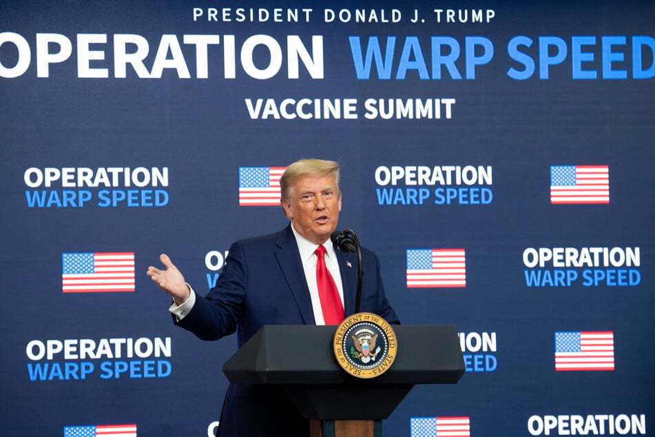 Then-president Donald Trump speaks during the Operation Warp Speed Vaccine Summit in the Eisenhower Executive Office Building adjacent to the White House in Washington, DC on December 8, 2020.