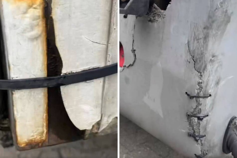 Teile der Karosserie sind nur notdürftig mit Zugbändern und Kabelbindern geflickt worden.