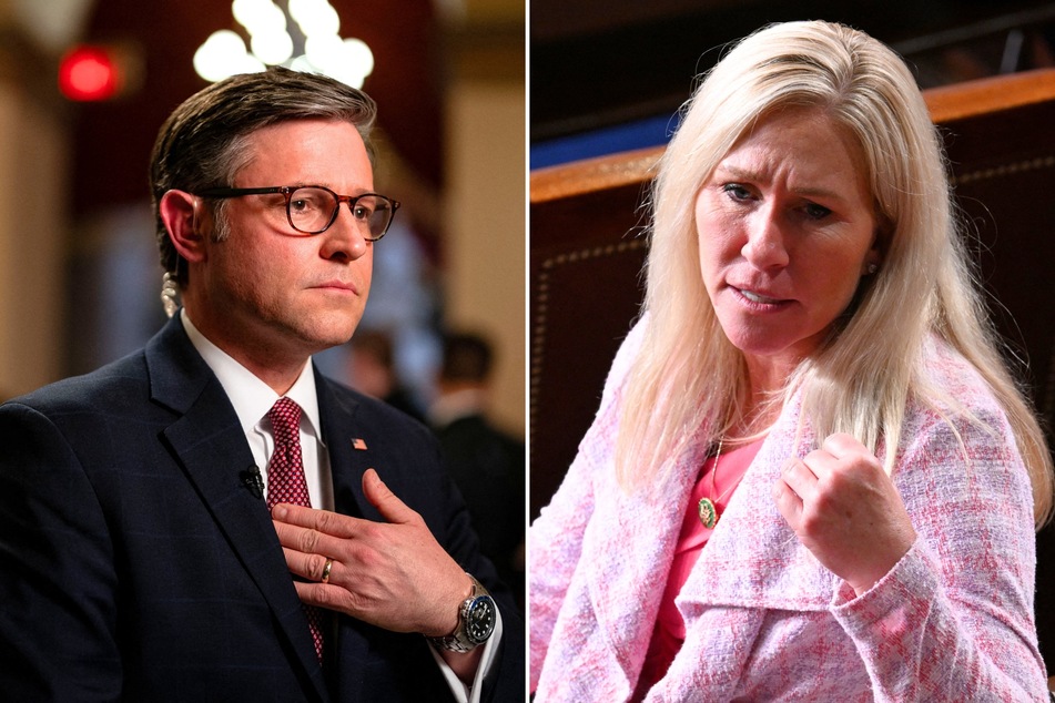 On Tuesday, House Democratic leaders issued a statement declaring they would save Speaker Mike Johnson (l.) if Marjorie Taylor Greene tries to oust him.