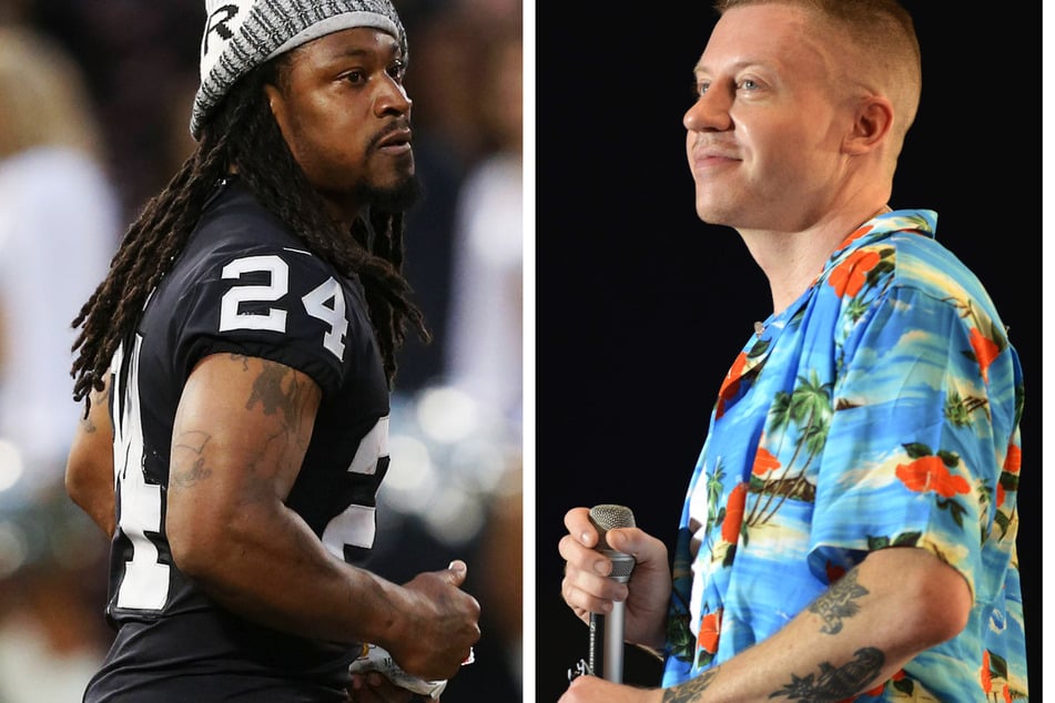 Retired NFL running back Marshawn Lynch (l.) and Grammy-winning rapper Macklemore (r.) are now minority owners of the Seattle Kraken hockey team.