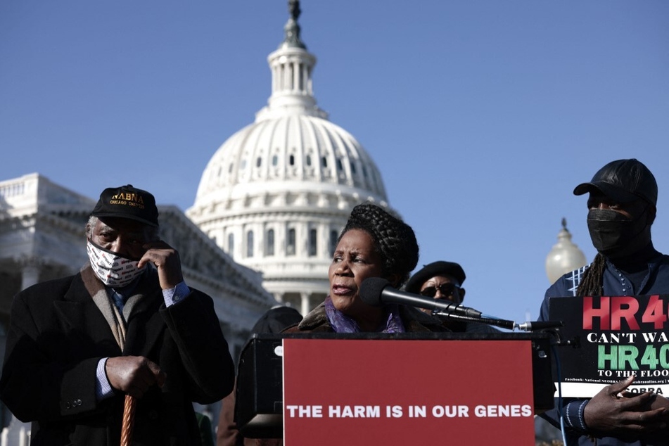 Congresswoman Sheila Jackson Lee speaks in support of legislation to establish a federal reparations commission at a press conference on Capitol Hill.