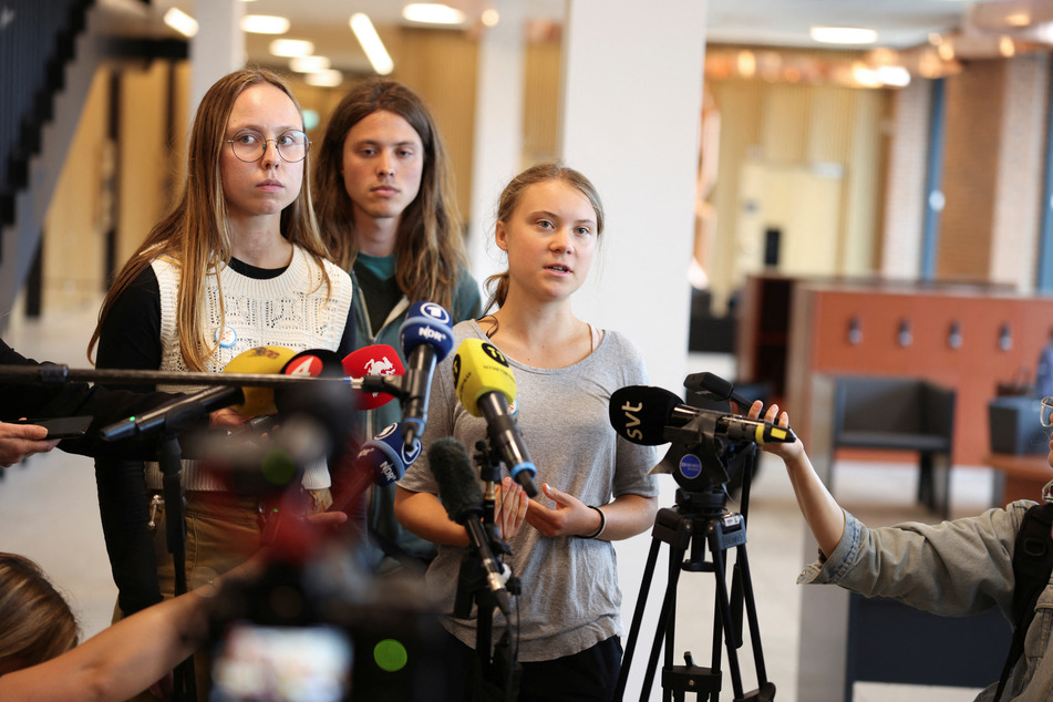 Greta Thunberg speaks during a press conference on the day of an appearance at the Malmö District Court in Sweden on July 24, 2023.