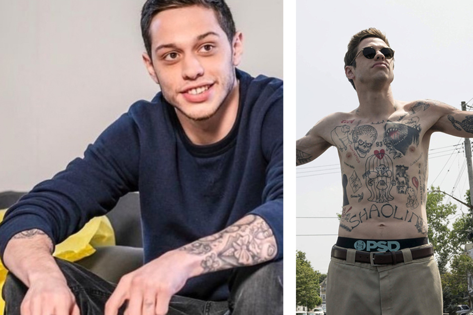 Pete Davidson sits on a couch with a noticeable number of tattoos removed from hands. Davidson shows off his tattoo collection in The King of Staten Island.