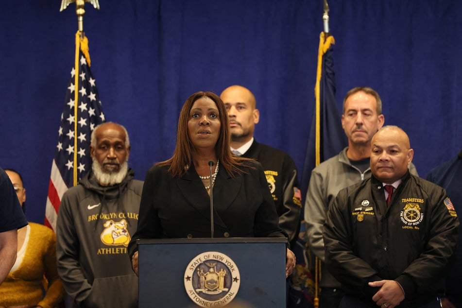 New York Attorney General Letitia James speaks during a press conference in New York City announcing a new lawsuit filed against UPS on December 15, 2025.