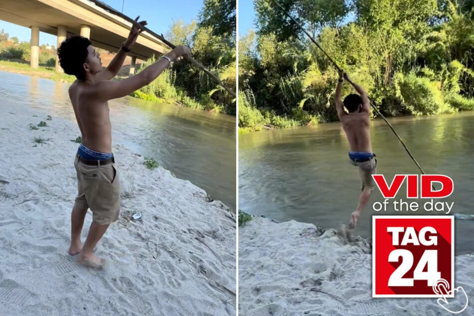 This man attempted a vault across a river, but the pole had other plans.