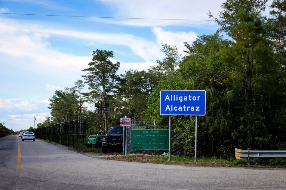 The entrance to the Alligator Alcatraz ICE detention center is pictured near the Dade-Collier Training and Transition Airport in Ochopee, Florida, on August 3, 2025.