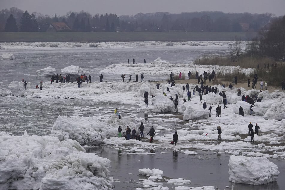 Nach Schneefall und Frost türmen sich vor den Toren Hamburgs seit Tagen meterhohe Eisberge an der Elbe.