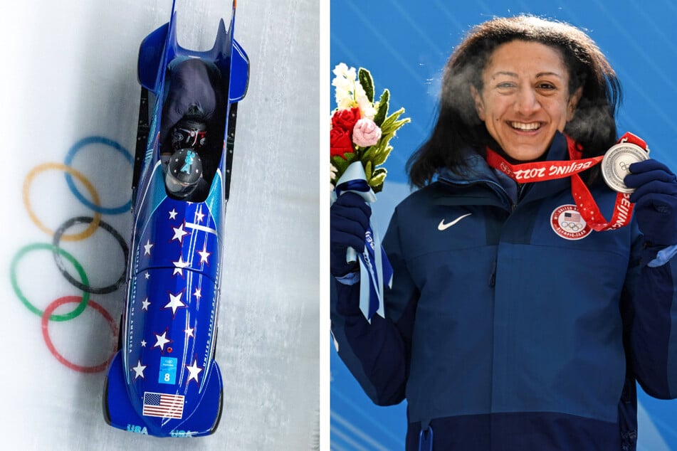 Elana Meyers Taylor after earning her silver medal (r.) in the inaugural Olympic women's monobob event.