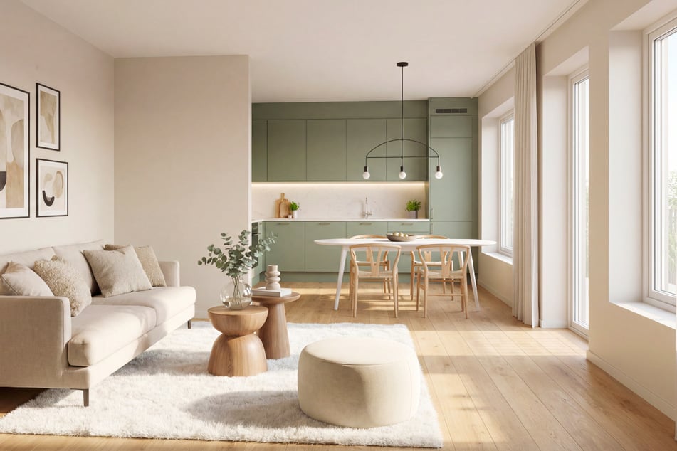 Helle Räume mit bodentiefen Fenstern und Echtholzparkett sorgen für ein angenehmes und modernes Wohngefühl.