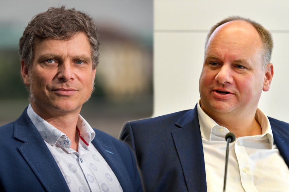 Nach Ansicht von Thomas Löser (48, Grüne, l.) kämpft Dresdens Oberbürgermeister Dirk Hein (49, FDP) zu wenig um das Blaue Wunder. (Bildmontage)