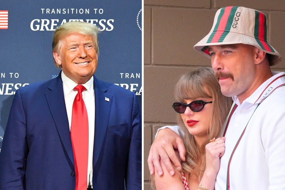 Pop star Taylor Swift (c.) is reportedly "not angry" after her boyfriend Travis Kelce (r.) recently appeared to compliment President Donald Trump (l.)