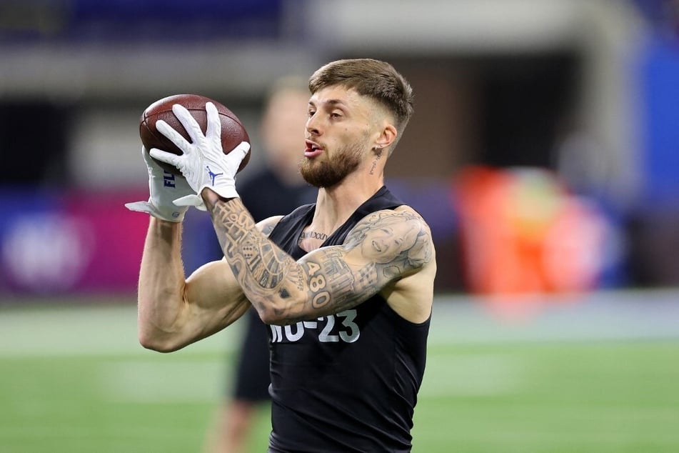 Ricky Pearsall participates in a drill during the NFL Combine at Lucas Oil Stadium on March 2, 2024, in Indianapolis, Indiana.