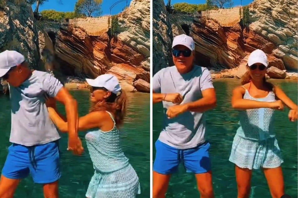 Dieter Bohlen (67) und Freundin Carina Walz (37) tanzen auf einem Boot, als sie ihn plötzlich ins Wasser schubst.