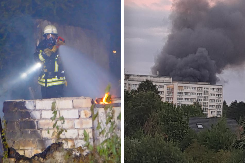 Leipzig: Riesige Rauchwolke über Leipzig: Baracke steht lichterloh in Flammen