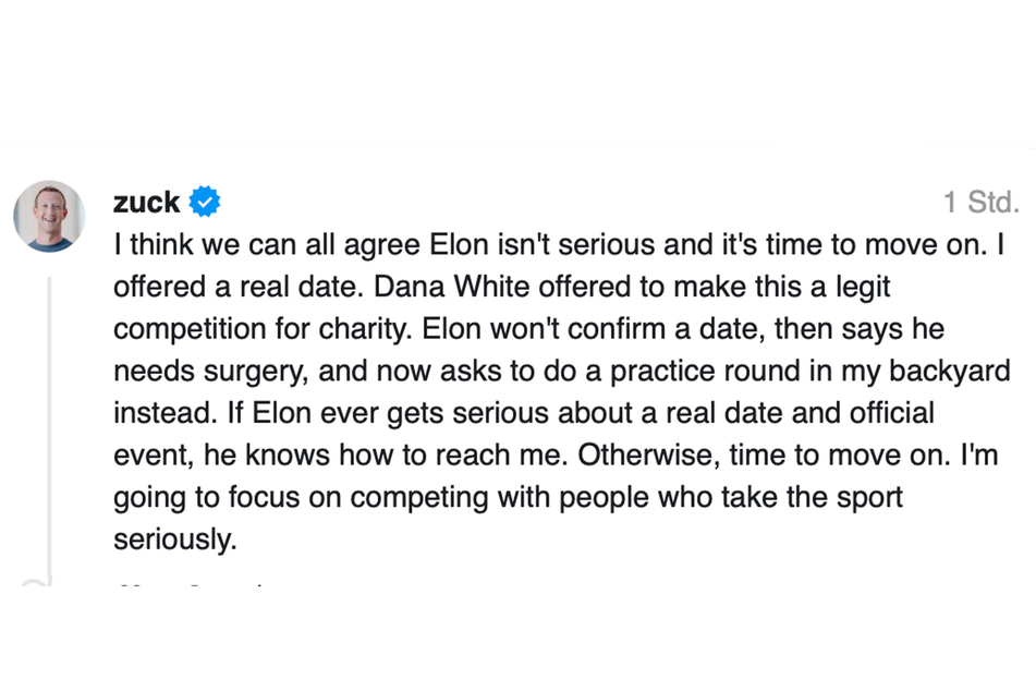 Mit dieser Threads-Nachricht nimmt Mark Zuckerberg seinen Kontrahenten Elon Musk in die Pflicht.