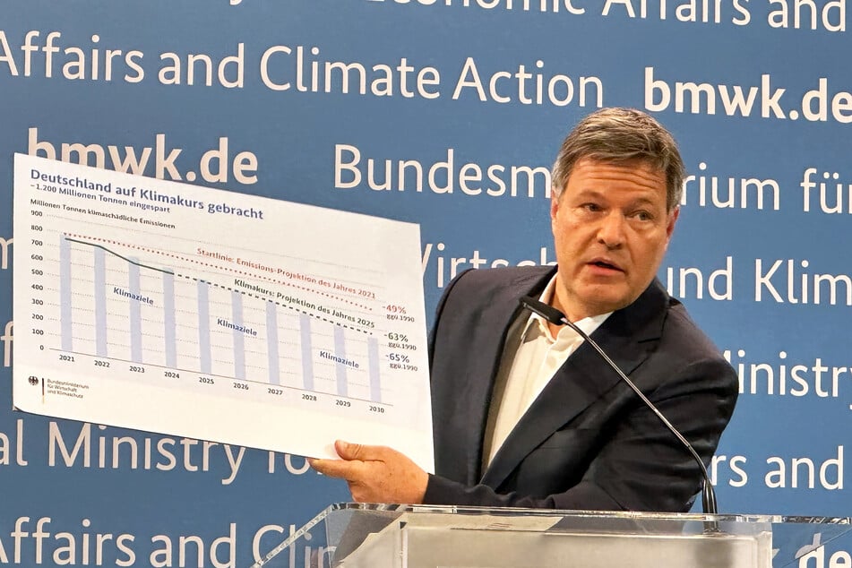 Robert Habeck (55, Grüne), Bundesminister für Wirtschaft und Klimaschutz, erläutert bei einer Pressekonferenz eine Statistik zu Deutschlands Klimazielen 2030.