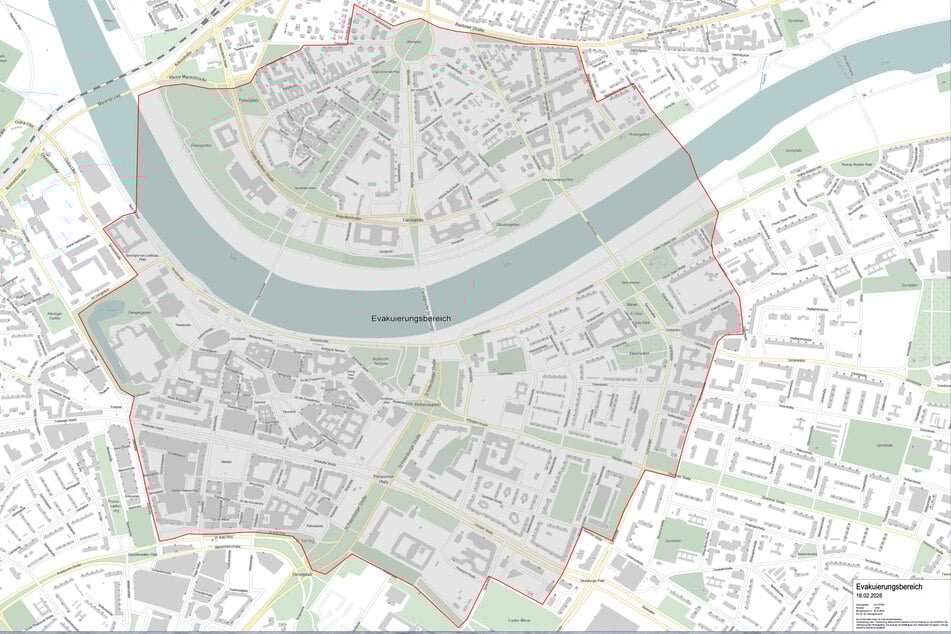 Sollte eine Evakuierung nötig werden, umfasst der Evakuierungsbereich einen Radius von 1000 Metern um die mutmaßliche Fundstelle am Baufeld des Neustädter Ufers.