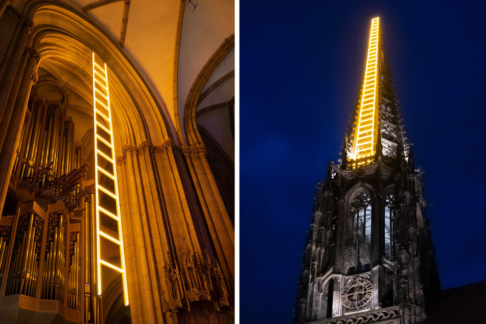 Seit Samstagabend (3. September) leuchtet das Kunstwerk "Himmelsleiter" am Turm der Lambertikirche in Münster.