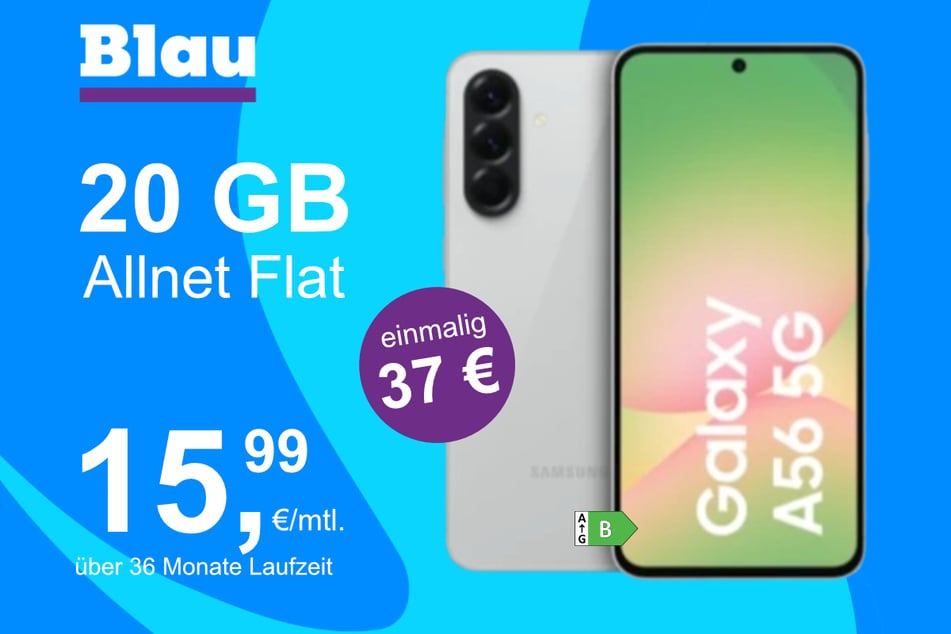 Das Samsung Galaxy A56 5G im Blau Allnet M für einmalig 37 Euro.