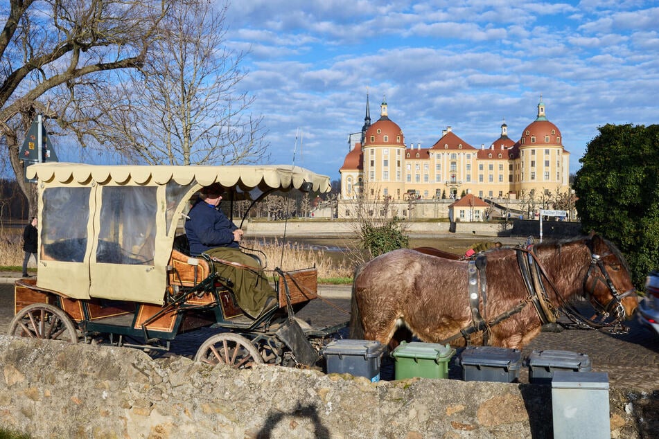 Der prominente Kutschenstellplatz vor dem Moritzburger Schloss lädt die Touristen zur Rundfahrt.