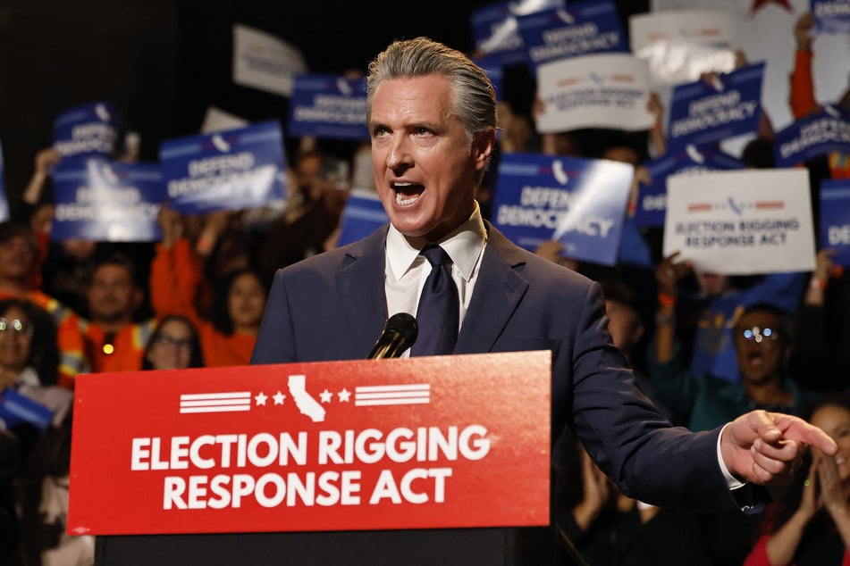 California Governor Gavin Newsom speaks in support of the Election Rigging Response Act at a press conference in Los Angeles on August 14, 2025.