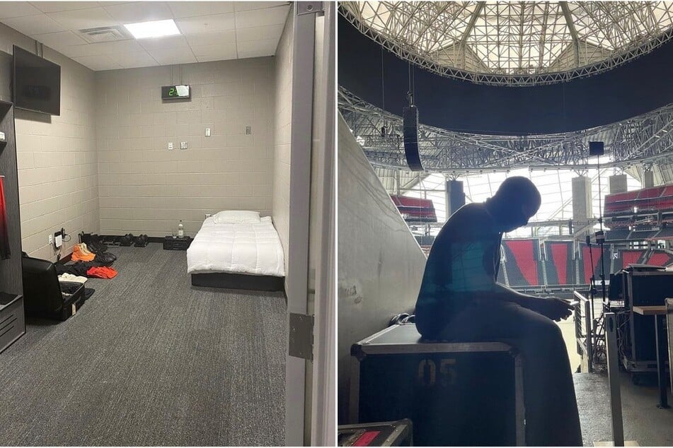 Kanye West shared a photo of his living quarters at the Atlanta Mercedes-Benz stadium. The rapper has stayed there since his private listening event a week ago.
