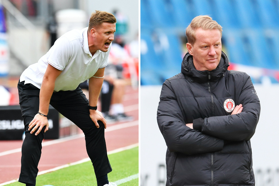 Trainer Aleksey Shpilevski (33, l.) empfängt mit dem FC Erzgebirge Aue am Sonntag den FC St. Pauli mit Coach Timo Schultz (43).