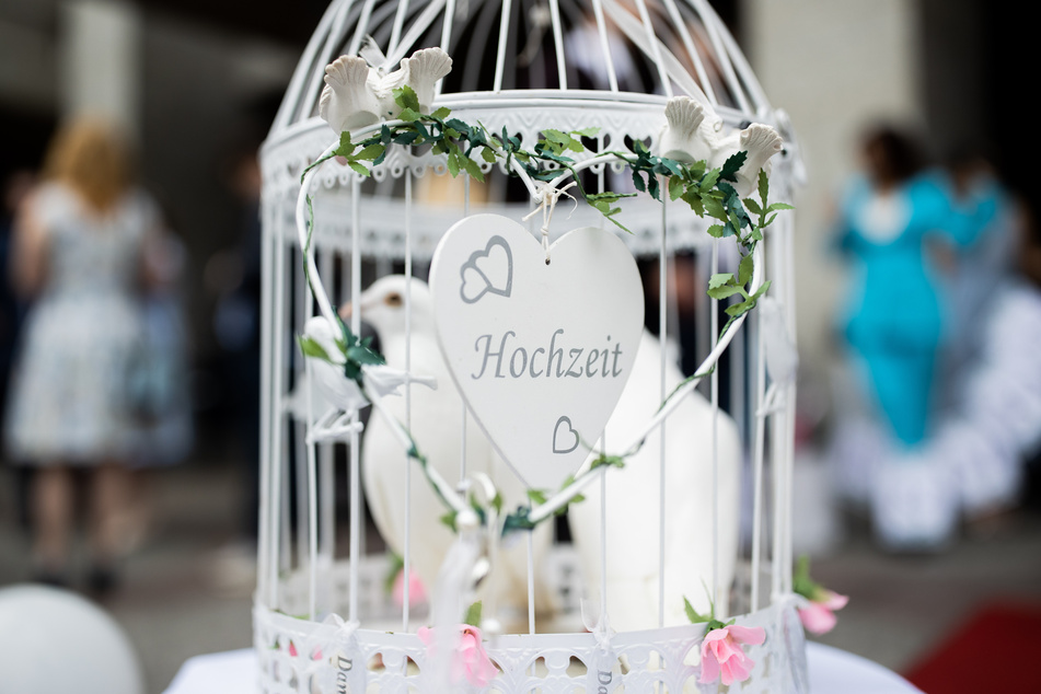 Weiße Tauben in einem Käfig mit der Aufschrift "Hochzeit".