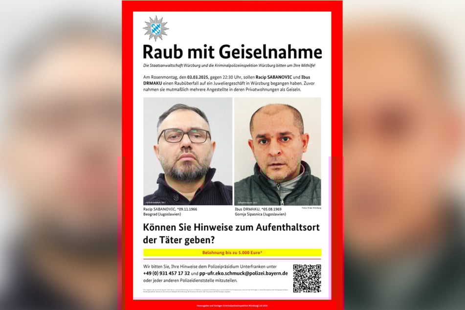 Die bayerische Polizei sucht auch mit einem Fahndungsplakat nach den beiden mutmaßlichen Räubern.