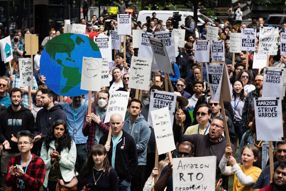 Amazon workers participate in a walkout at the company's headquarters in Seattle, Washington, on May 31, 2023.