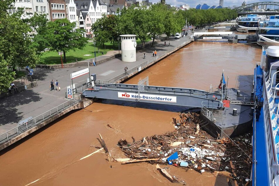 In Köln steigt der Rheinpegel immer weiter an. Aufgrund des Dauerregens sind viele Flüsse und Bäche in NRW über die Ufer getreten.