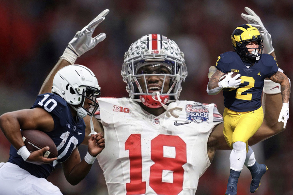 In the Big Ten, Ohio State is seeing arguably the best returning receiver this season in Marvin Harrison Jr. (c), while Michigan and Penn State will have touted running backs Blake Corum (l) and Nick Singleton (r) return.