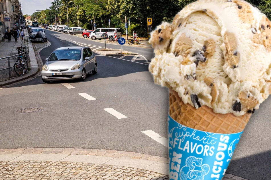 In der Dresdner Neustadt nahe Alaunpark läuft am Dienstagnachmittag eine Gratis-Eisaktion von "Ben &amp; Jerry's".