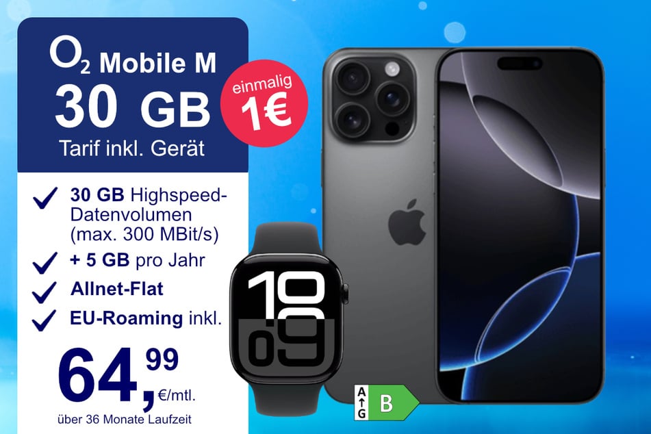 Das iPhone 16 Pro Max + MacBook Air im o2 Mobile M für einmalig 1 Euro.