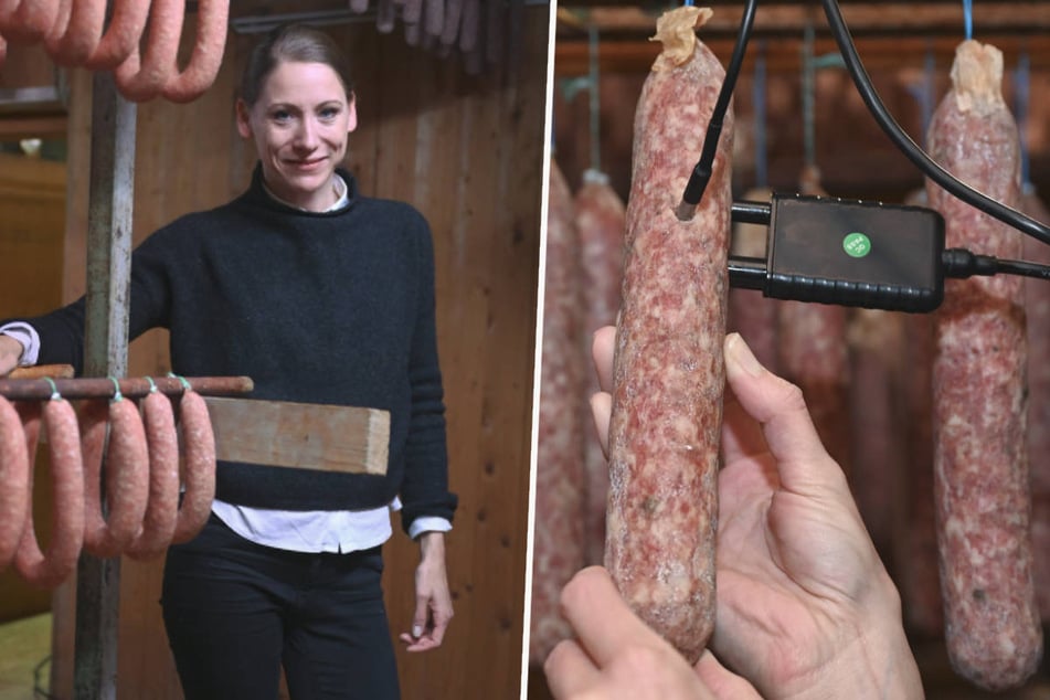 Katharina Koch (36), Geschäftsführerin der Landfleischerei Henry Koch, zeigt einen der Sensoren, die den Reifeprozess der "Ahlen Wurst" überwachen.